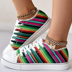Colorful Strip Print Sneakers Low Top Lace Up Canvas Shoes
