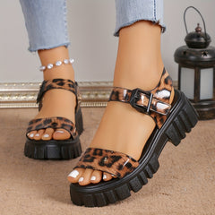 Leopard Pattern Faux Leather Sandals Thick Sole Lightweight Non Slip Beach Shoes
