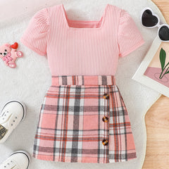 Toddler Girl Summer Clothes Set Ruffled Tee Plaid Skirt