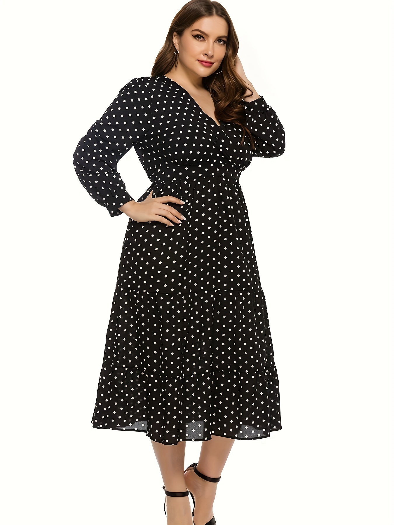 Dot Print Surplice Neck Midi Dress