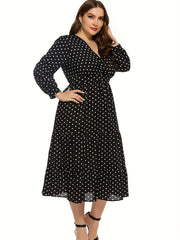 Dot Print Surplice Neck Midi Dress