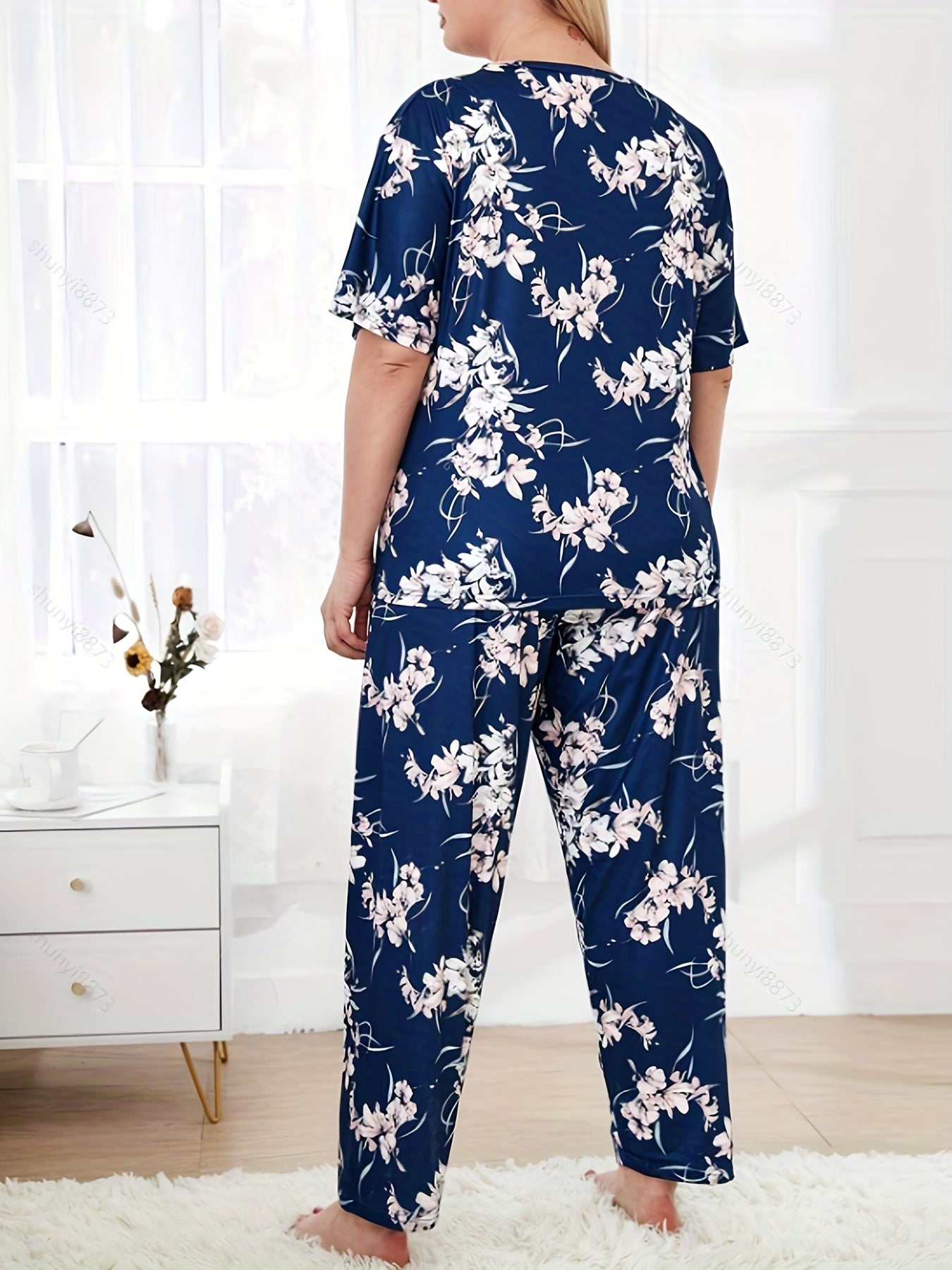 Floral Print Plus Size Lounge Set Short Sleeve Round Neck T shirt & Pants