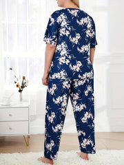 Floral Print Plus Size Lounge Set Short Sleeve Round Neck T shirt & Pants