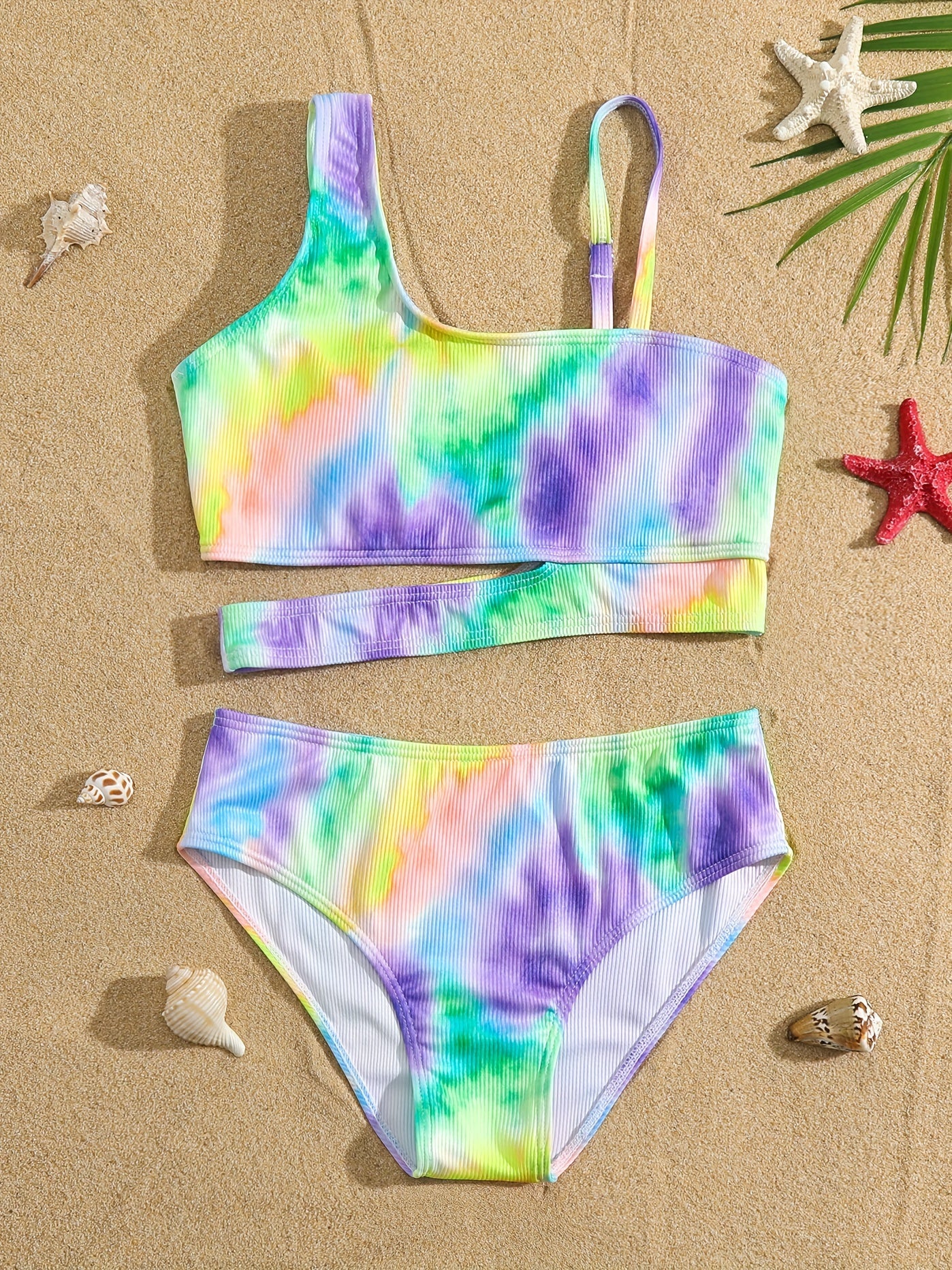 Girls 2pc Swimsuit Bikini Set Ribbed Top & Bottoms Bathing Suit Swimwear