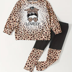 Girl's Leopard Pattern 2pcs Outfit Sweatshirt & Leggings Set