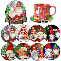 8Pcs Christmas Gnome Diamond Art Coaster Kits With Holder