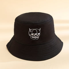 Skull Embroidery Bucket Hat Cotton Foldable Basin Hat