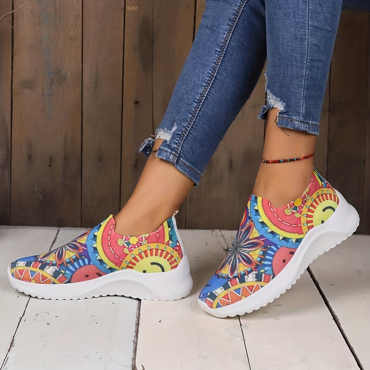 Women's Smile Print Sock Shoes Colorful Slip On Low Top Casual Shoes