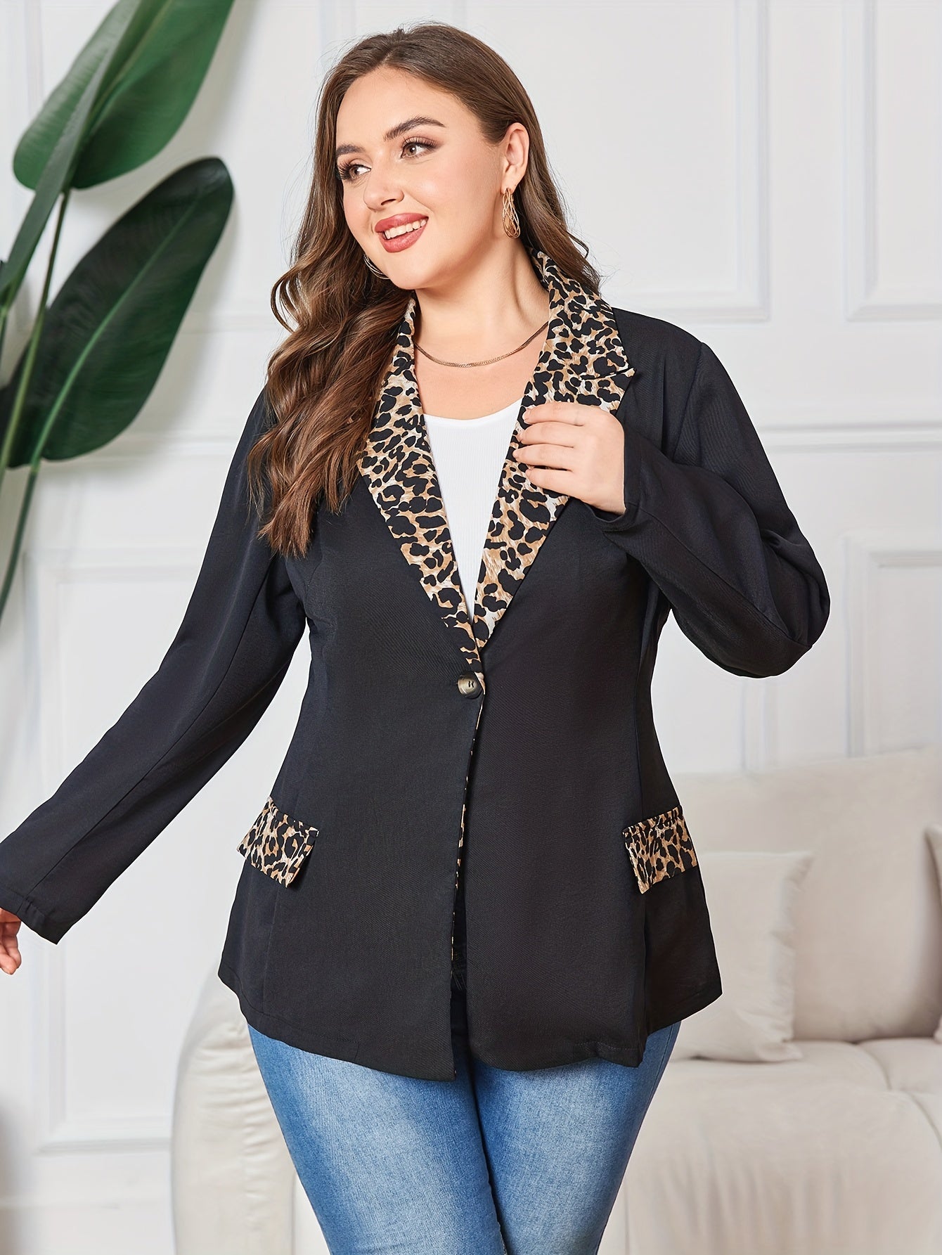 Colorblock Leopard Print Blazer