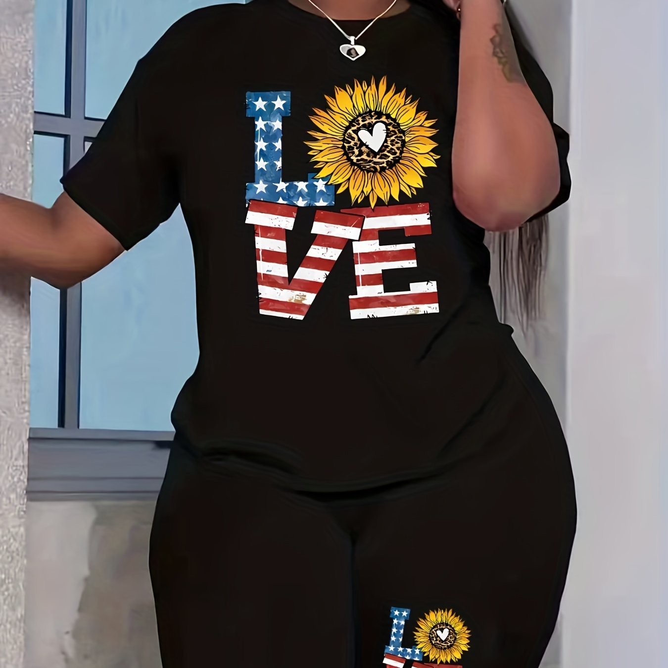Women's Plus Flag Letter & Leopard Sunflower Print Top & Shorts Set