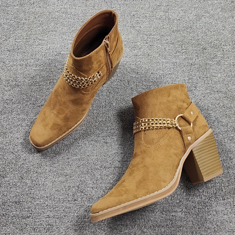 Women's Chain Ankle Boots Side Zipper Block Heeled Shoes