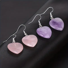 Heart Shaped Crystal Drop Earrings - Rose Quartz Amethyst