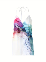 Marble Print Halter Neck Top Sexy V Neck Backless Halter Top
