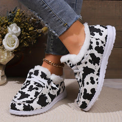 Cow Print Plush Lined Furry Flat Lightweight Skate Shoes