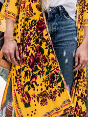 Floral Print Cover Up Shirt V Neck Semi Sheer Split Loose Fit Beachwear Kimono