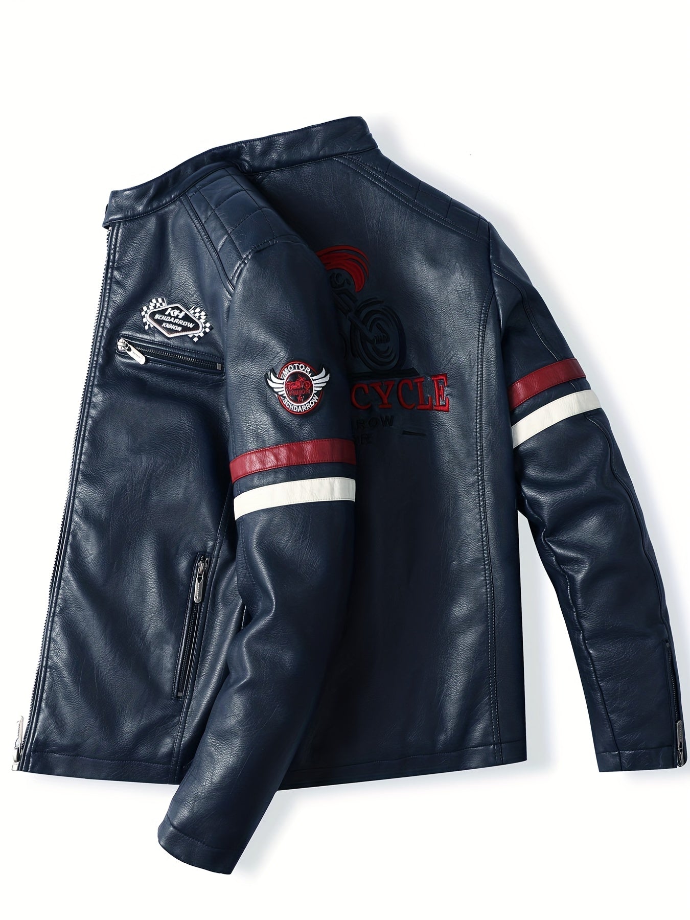 Men's Embroidery Cycling Jacket Casual Stand Collar PU Leather Zip Up Jacket