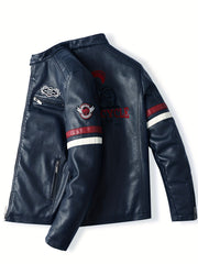 Men's Embroidery Cycling Jacket Casual Stand Collar PU Leather Zip Up Jacket