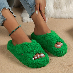 Faux Fur Platform Slip-On Shoes Cross Strap Slippers