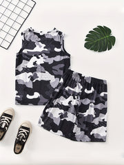 Boys Summer Mesh Outfit Camo Shorts & Vest Kids 2pcs Suit