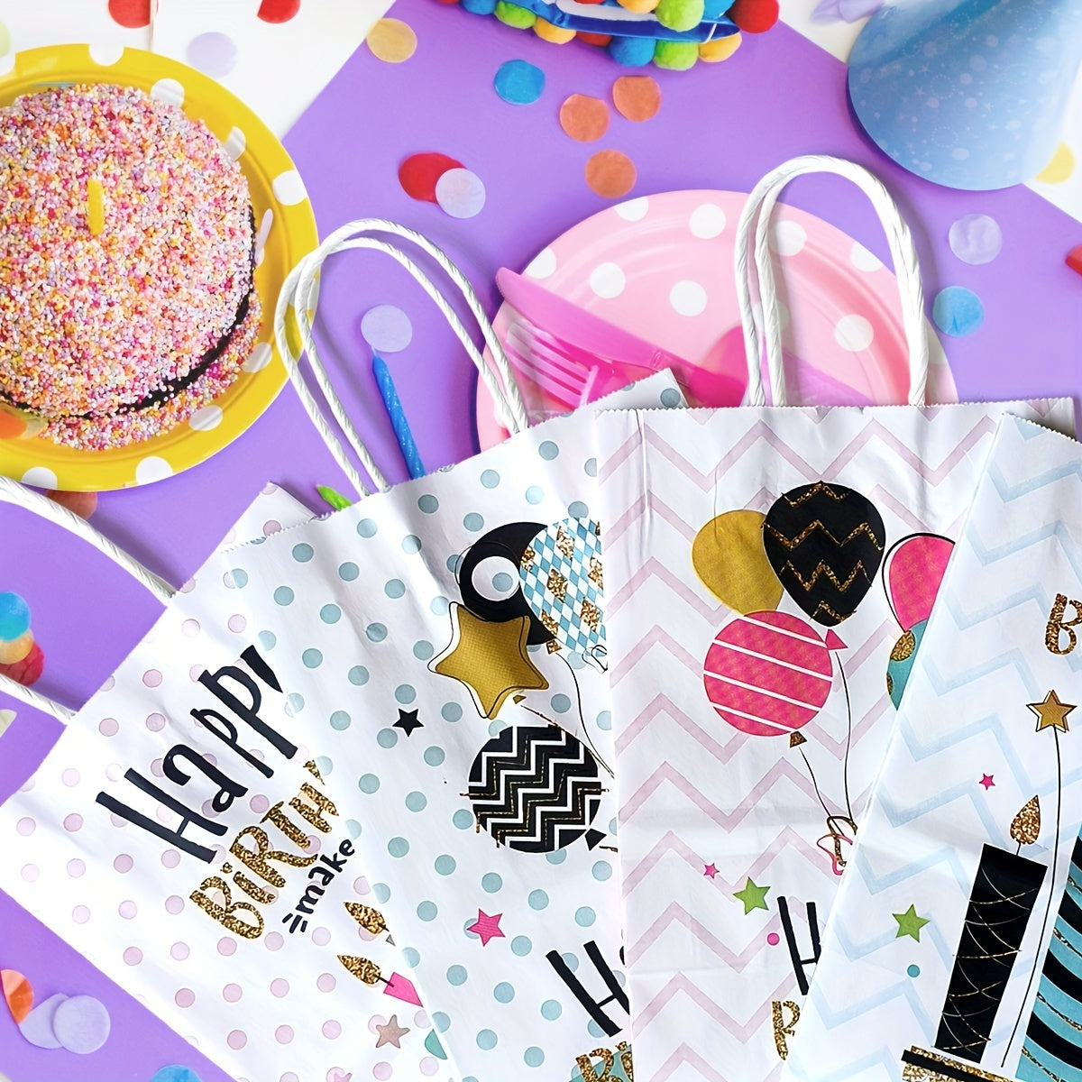 4pcs Happy Birthday Gift Bag Pink Series with Paper Wrappers & Ribbon Ties