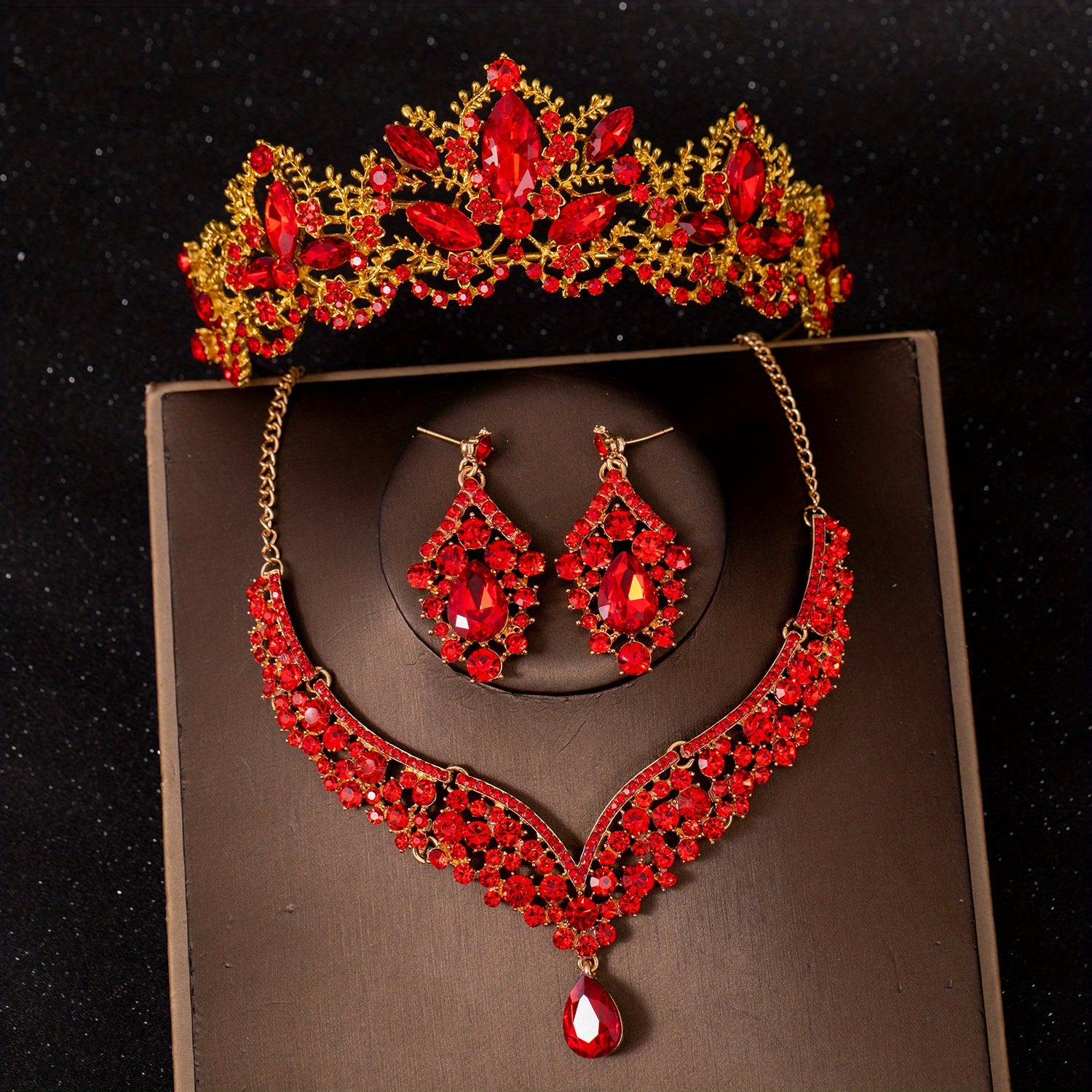 3pcs Red Princess Queen Crown Necklace Earrings Set