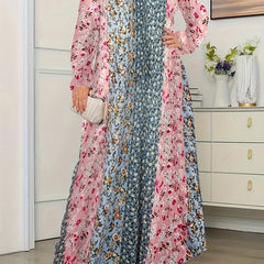 Boho Dress Women's Plus Colorblock Floral Print Long Sleeve V Neck