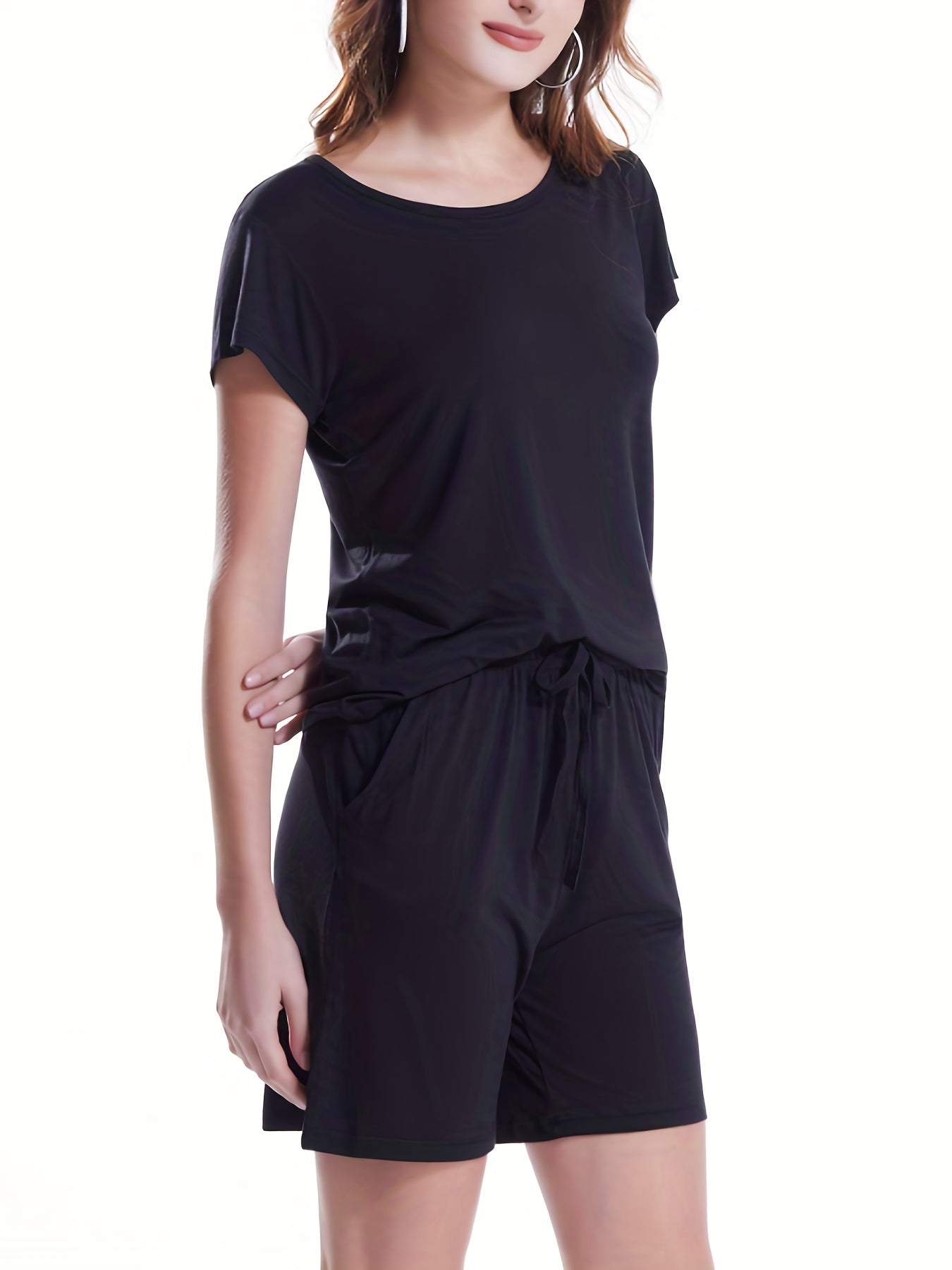Solid Lounge Set Crew Neck Top & Lace Up Shorts Women's Loungewear