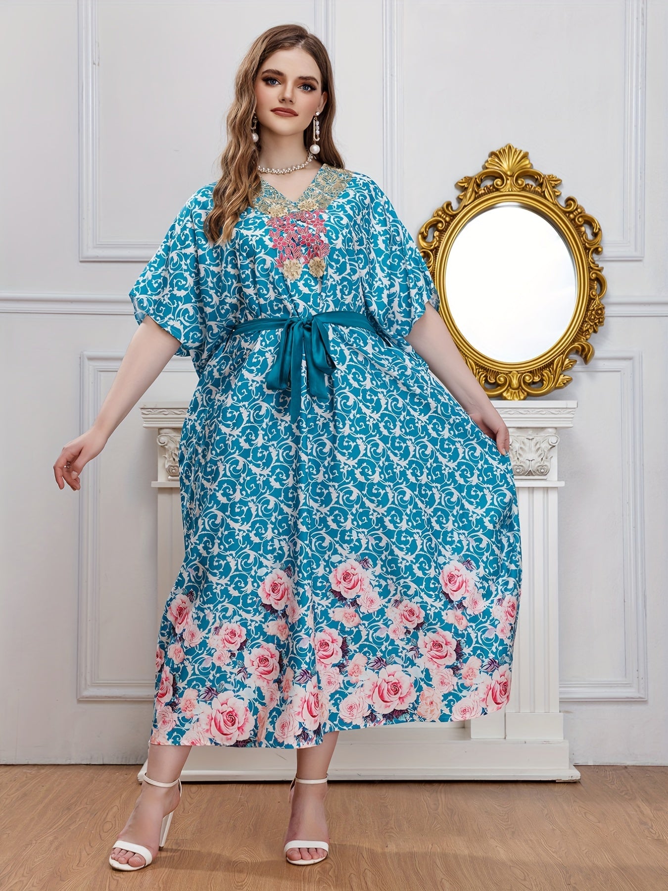 Baroque & Floral Print V-Neck Maxi Dress