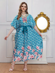 Baroque & Floral Print V-Neck Maxi Dress