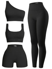 Yoga Workout Set Ribbed One Shoulder Top Crop Tank Hip Lifting Shorts Leggings