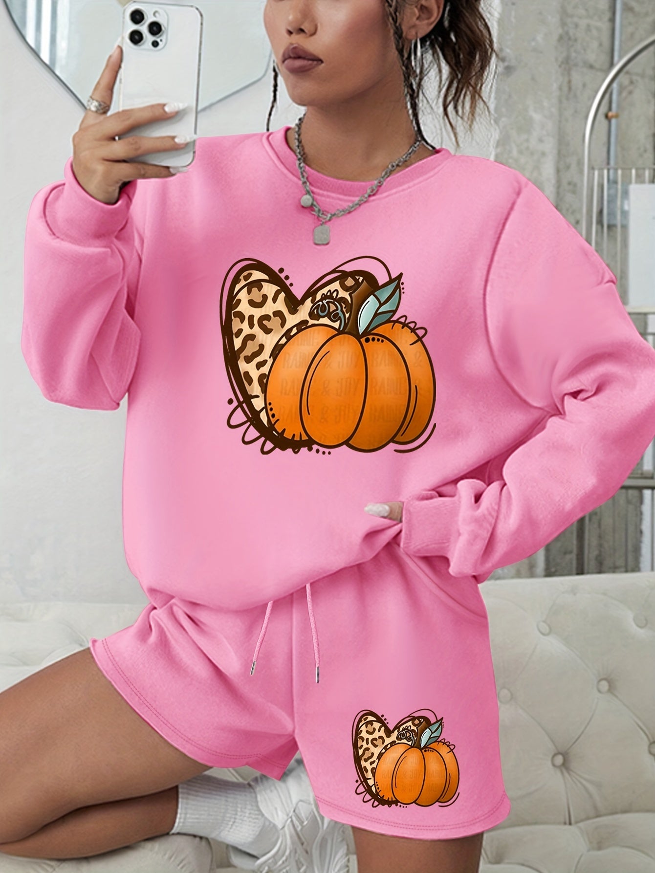 Pumpkin Graphic Print Sweatshirt & Shorts 2pcs Set