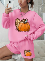 Pumpkin Graphic Print Sweatshirt & Shorts 2pcs Set