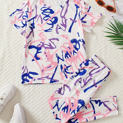 Girls Sports Suit Random Print Round Neck Short Sleeve Top And Pants Set