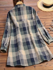Colorblock Grid Print Button Up Blouse
