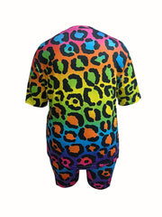 Women's Plus Rainbow Leopard Top & Shorts Set