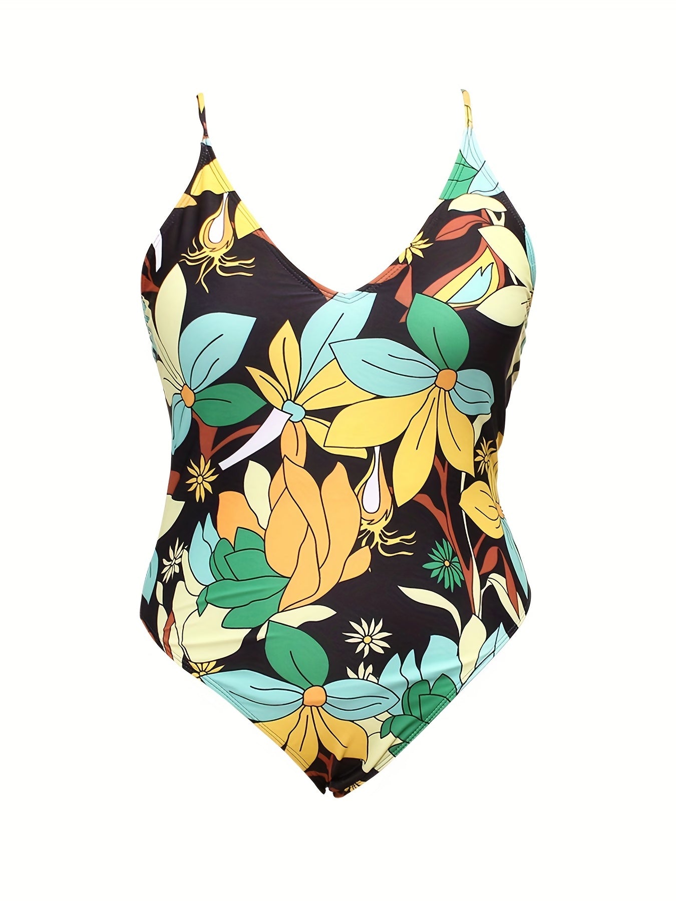 Floral Print High Leg V-Neck One Piece Swimsuit Plus Size