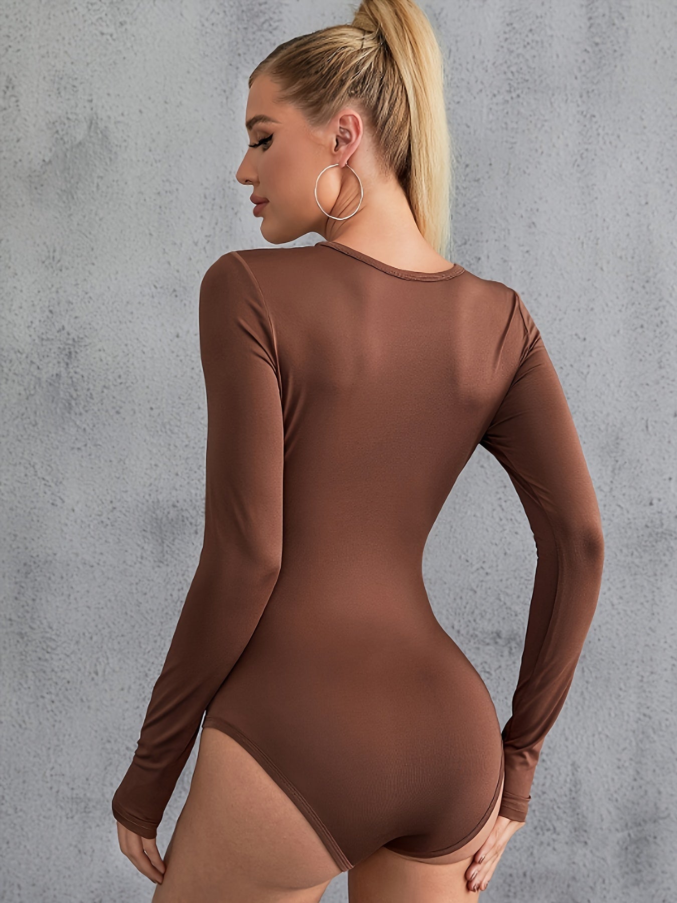 Solid Twist Front Long Sleeve Bodysuit Women's Clothing