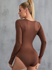 Solid Twist Front Long Sleeve Bodysuit Women's Clothing