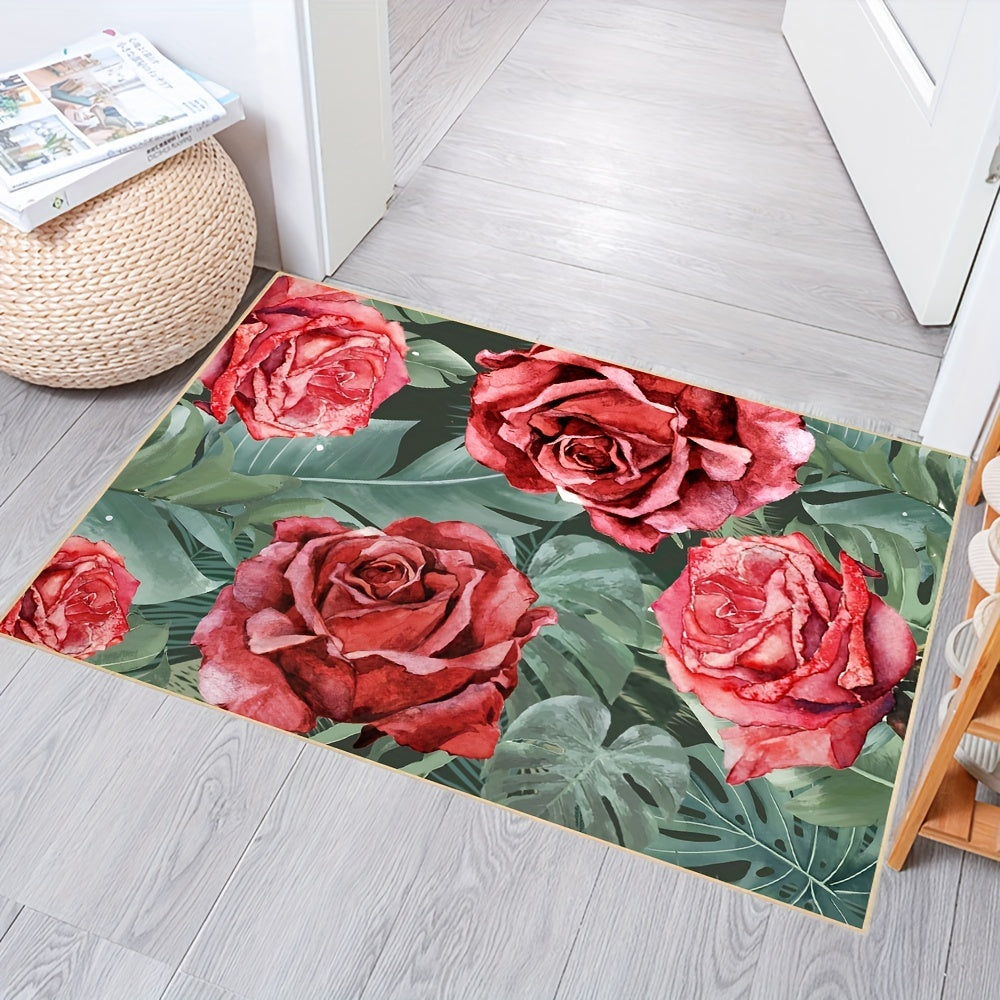 Red Rose Area Rug Faux Wool Floral Rugs Non Slip Washable Entryway Rug Carpet
