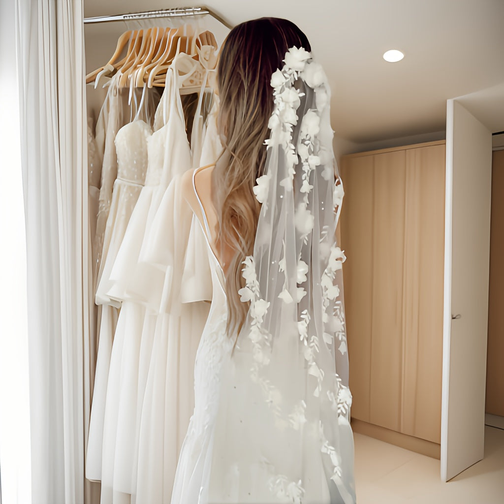 Floral Veil for Bridal Attire 100 Polyester Flower Embellished Wedding Head Veil