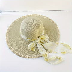 Wide Brim Sun Hat Ribbon Bowknot Decor Straw Hat