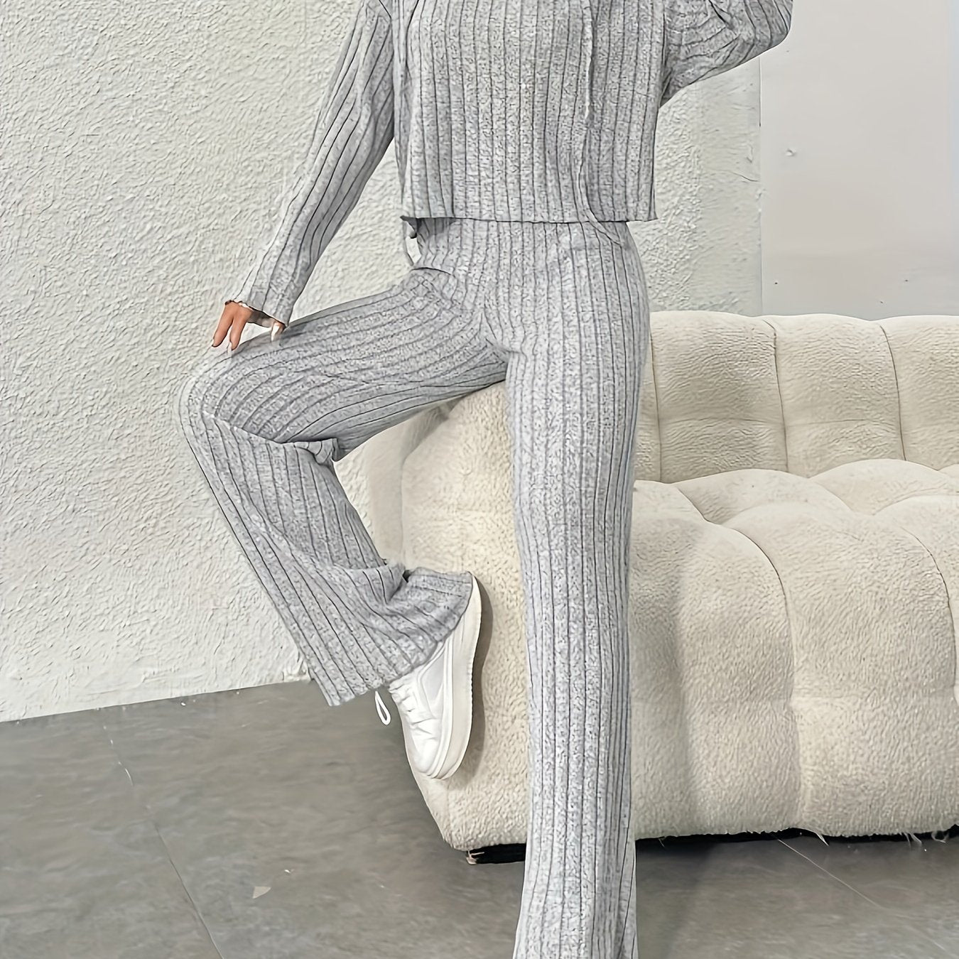 Solid Long Sleeve Ribbed Knit Lounge Set