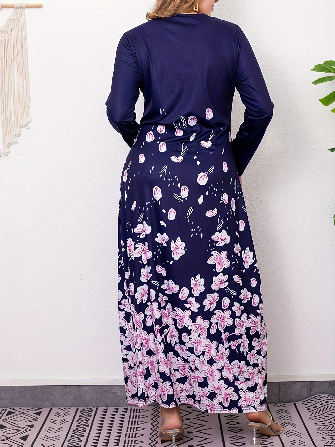 Floral Print Long Sleeve Stretch Dress Plus Size