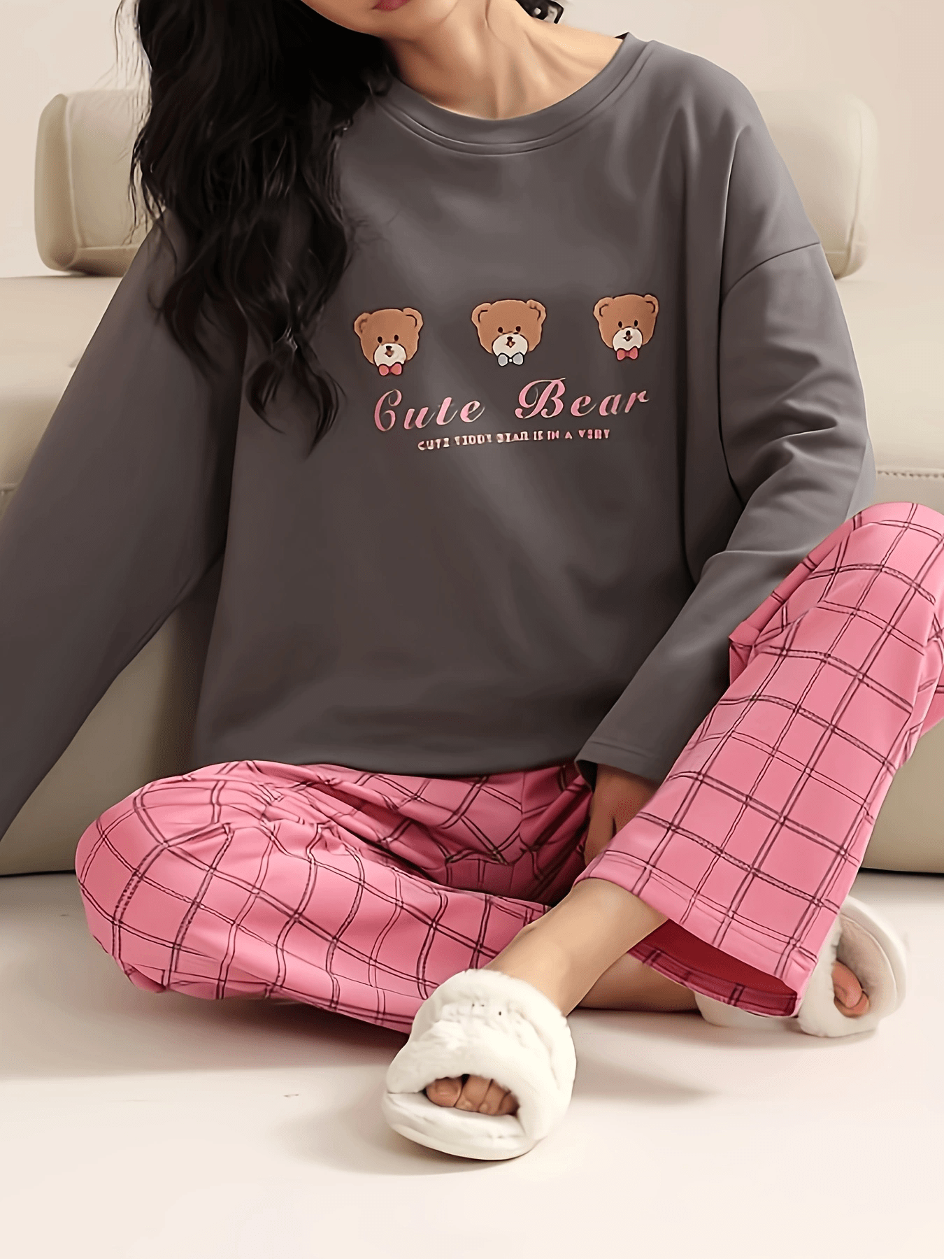 Bear Print Pajama Set Long Sleeve Crew Neck Top & Plaid Pants