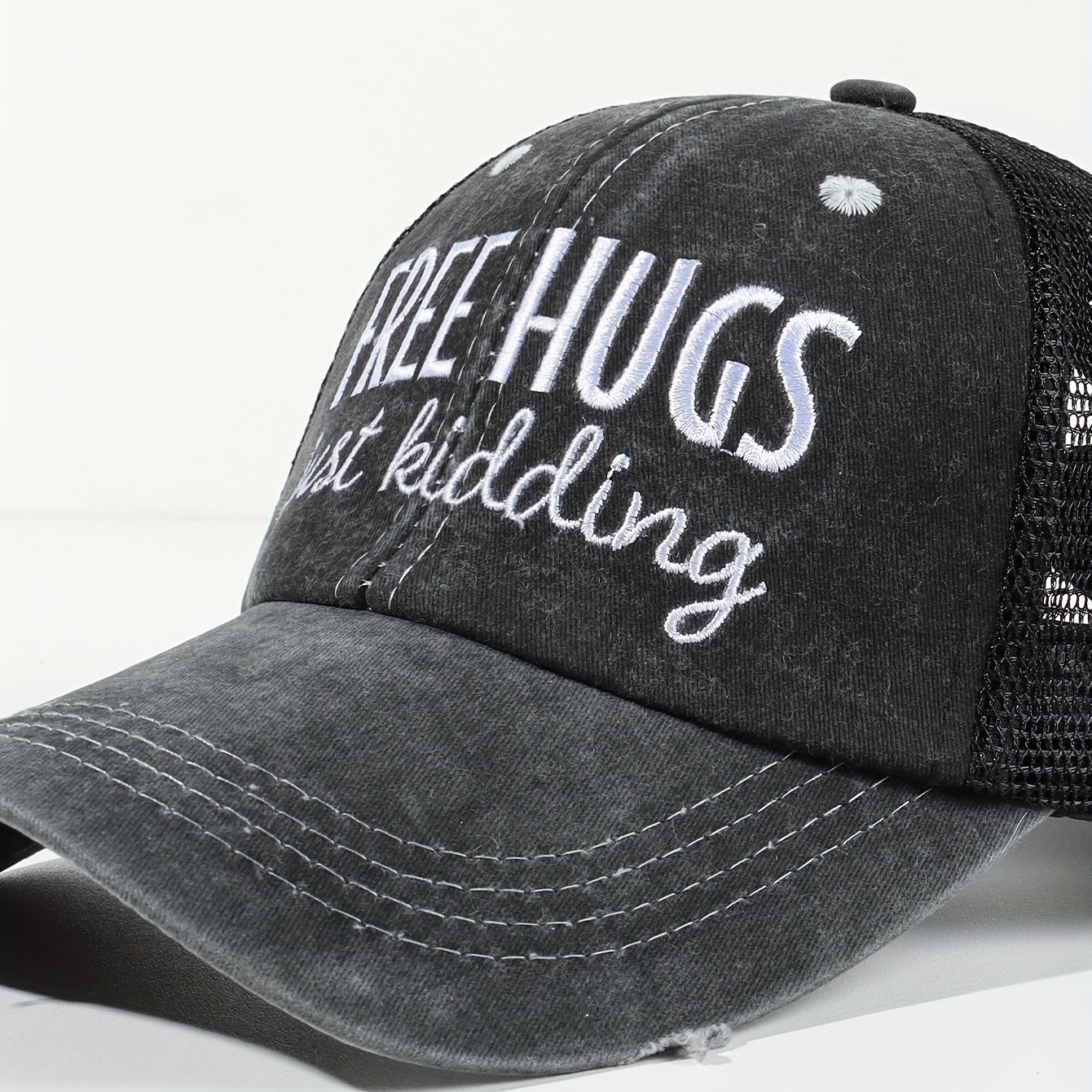 HUGS Ponytail Trucker Hats Washed Distressed Embroidery Baseball Cap