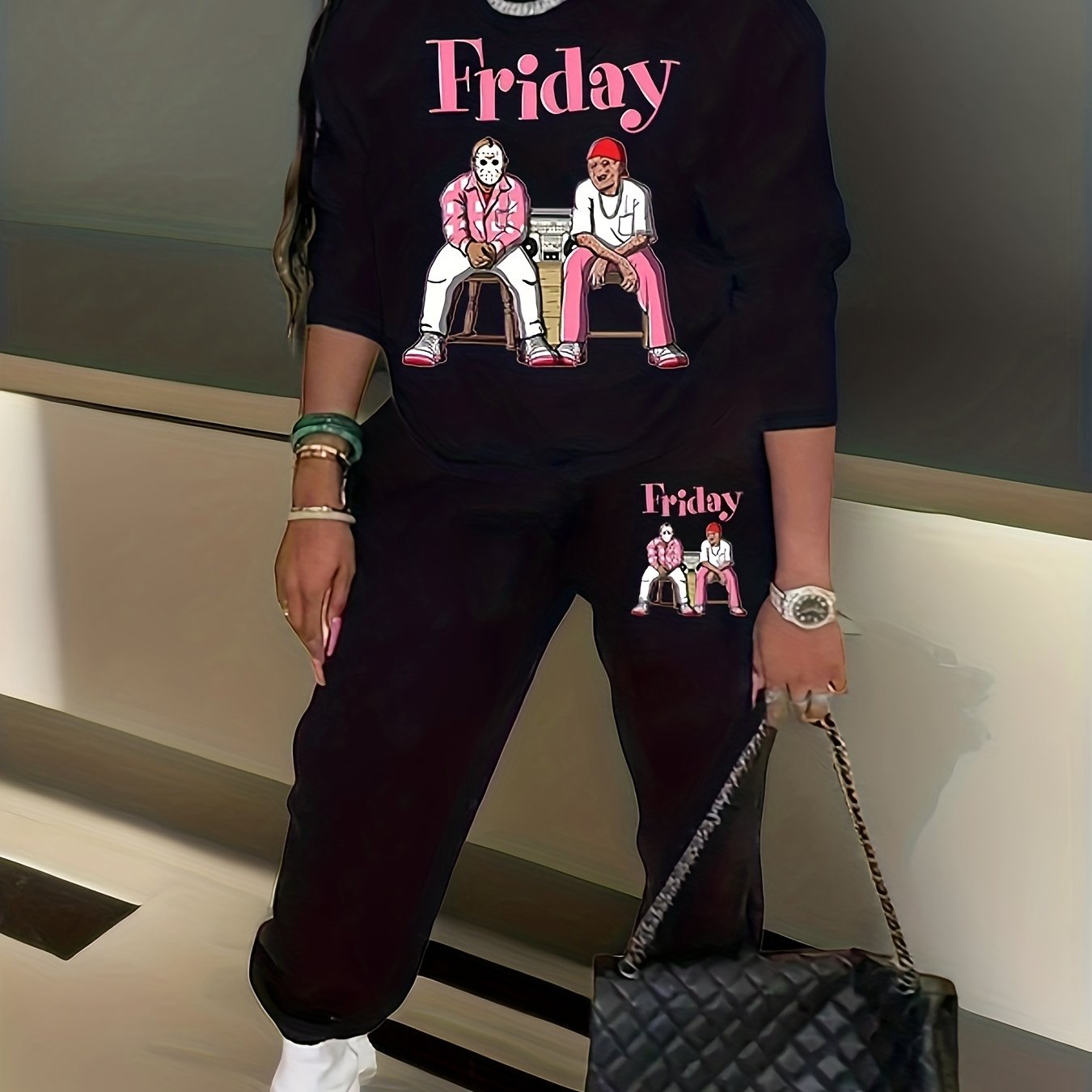 Women's Plus Size Cartoon Figure Print Long Sleeve Sweatshirt & Joggers Set