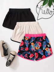 3pcs Girls Casual Sports Yoga Shorts Elastic High Waist Contrast Binding