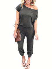 Slanted Shoulder Jumpsuit Casual Short Sleeve Cinched Waist Jumpsuit