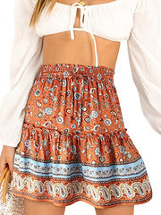Boho Floral Print Pleated Skirt High Waist Elastic Waistband
