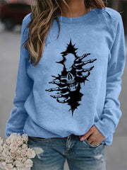 Halloween Skull Print Sweatshirt Long Sleeve Crew Neck Women's Clothing
